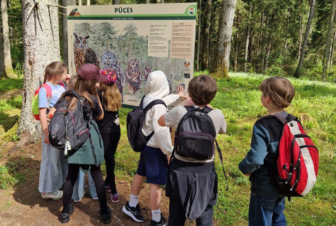 Bērnu pulciņš dabā pie informācijas stenda par pūcēm.