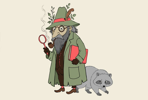 Ilustrācija ar meža detektīva tēlu. Attēla centrā redzams cilvēkveidīgs tēls zaļā mētelī un platmalē, kas rotāta ar zariņiem, lapām un spalvām. Tēls tur rokā palielināmo stiklu un pīpi, bet zem paduses nes sarkanu grāmatu. Blakus stāv pelēks jenotsuns. Abi attēloti karikatūras stilā uz gaiša fona.