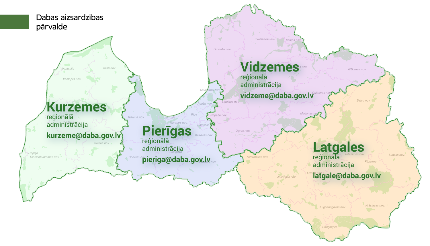 Latvijas karte ar DAP 4 reģionālo administrāciju teritorijām