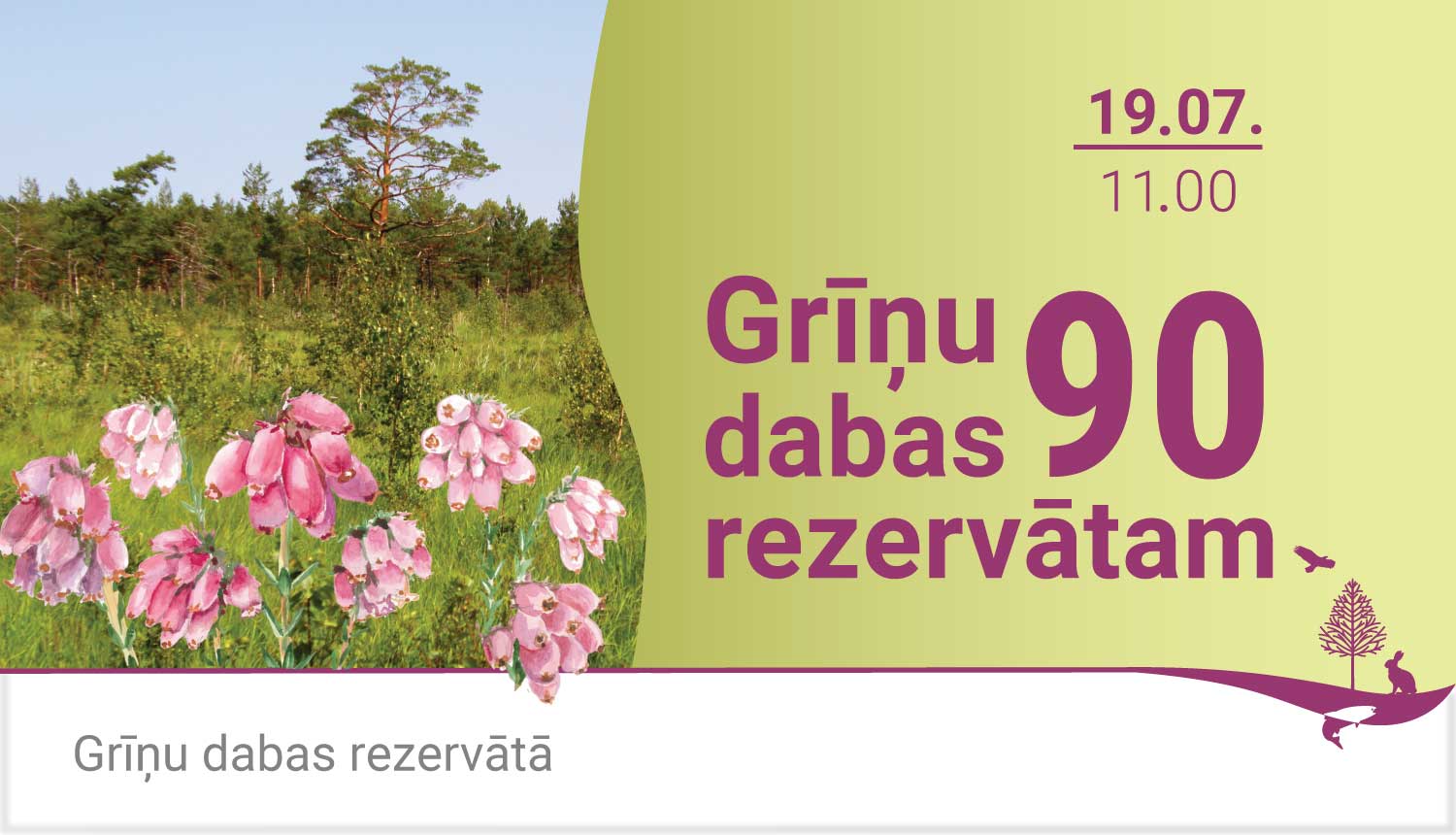 Grīņa sārtenes zīmējums. Fonā atklāta ainava ar sīkām priedītēm. Tālumā mežmala.