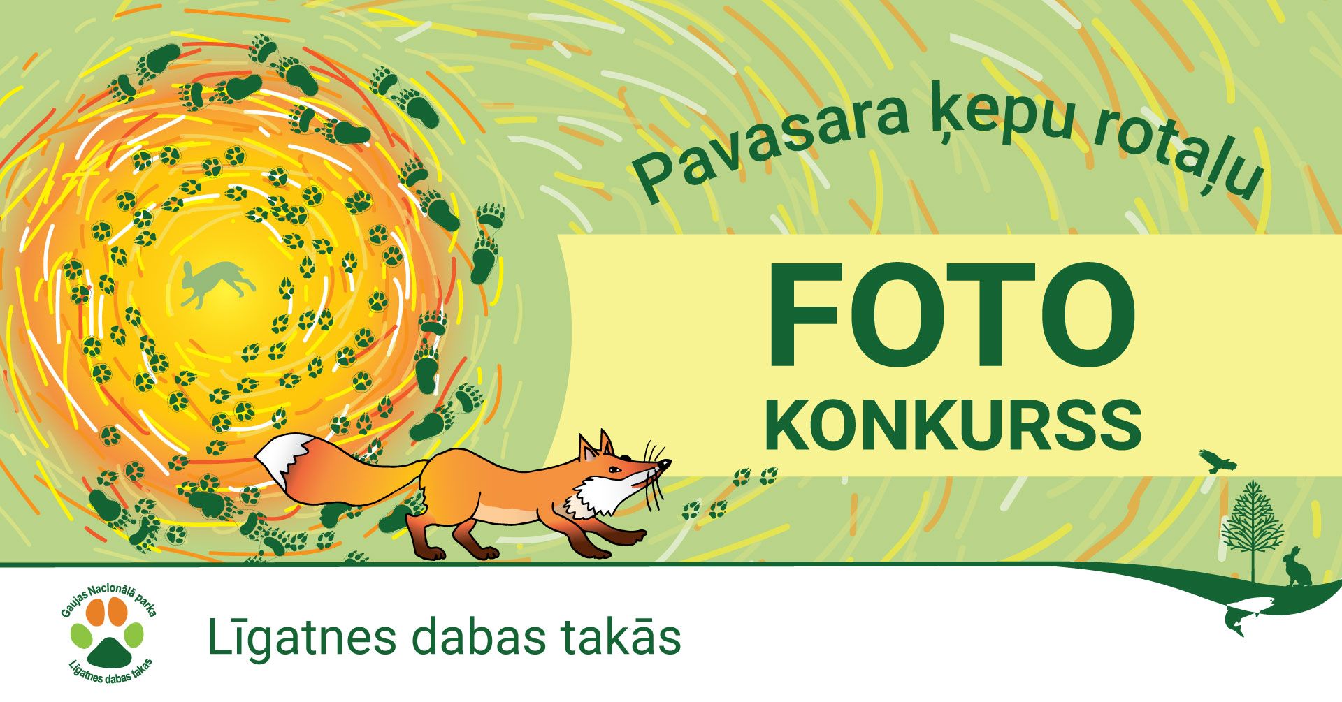 Aplī izkārtojušās dažādu dzivnieku pēdas. Oranži dzeletena apļavidū zaļš zaķis, ārpusē - oranža lapsa.