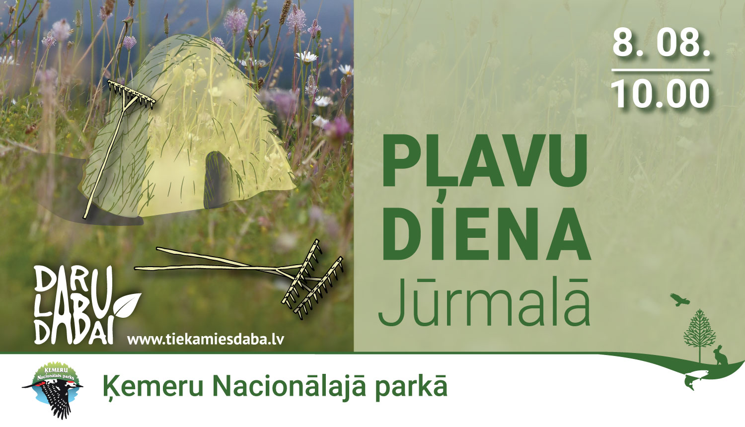 Siena zārds un grābekļi pļavā. Teksts - Pļavu diena Jūrmalā